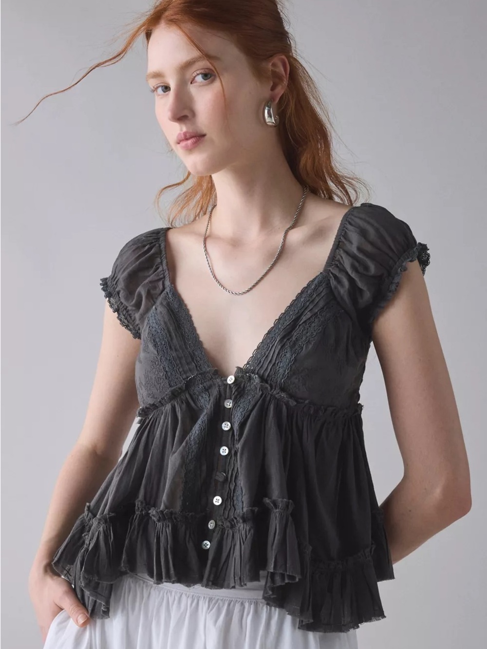 Urban Outfitters Kimchi Blue Izzy Lace Trim Button-Front Babydoll Blouse